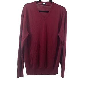 Uniqlo Sweater Mens Large Red 100% Wool Pullover V-Neck Lightweight
